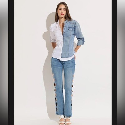 OO LA LA! WIDE LEG BLUE DENIM WITH SIDE CIRCLES NWT Size M