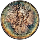 MS66 1991 $1 ASE Silver Eagle Dollar, PCGS Trueview- Nicely Rainbow Toned