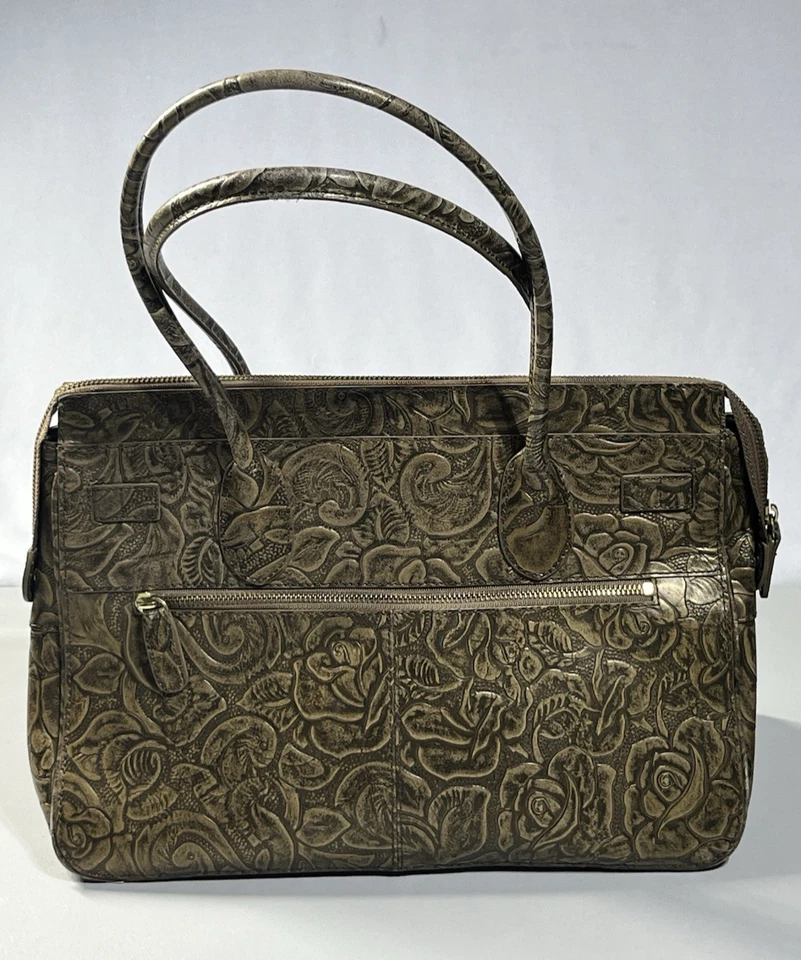 Maxx New York Floral Embossed Patent Leather Satchel Gold Zip Top Shoulder Bag - Image 2 of 4