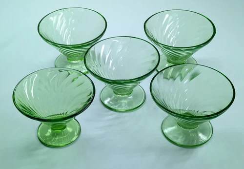 VTG Set of 5 Anchor Hocking Swirl Optic Uranium Glass Sorbet Sherbet Cups