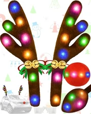 Reindeer Antlers Car Decoration Kit, Multicolor Lights Nose Vehicle Multicolor