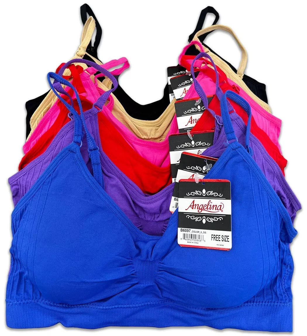 6 Women's Angelina Sports Bra Bralettes Spaghetti Strap Padded