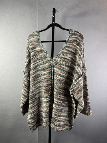 POL Sweater Womens Large Brown Teal Striped Crop High Low V Neck Kimono Sleeve - Imagen 2 de 10
