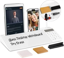 Desk Whiteboard Dry Erase Glass Desktop Whiteboard with Calculator (White)