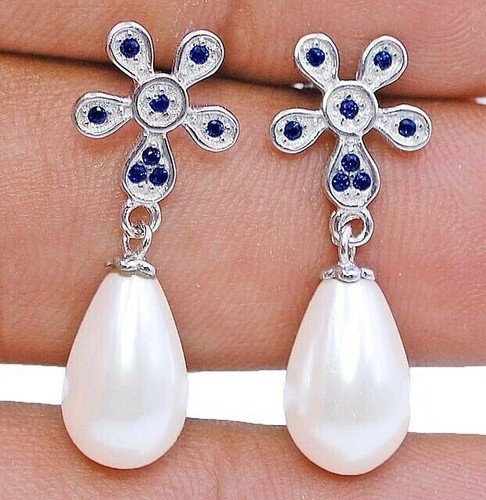 0.5CT Fresh Water Pearl & Treated Sapphire 925 Sterling Silver Earrings YB1-2