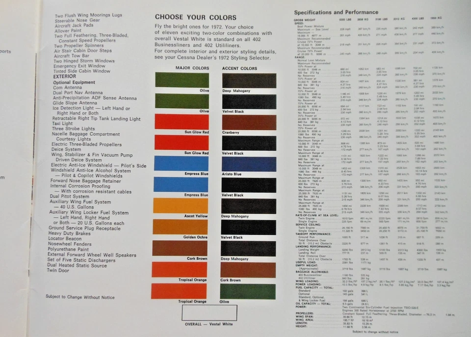 1972 Cabin Class Twin Cessna 402 工厂宣传册油漆颜色规格性能 — 第 3/4 张图片
