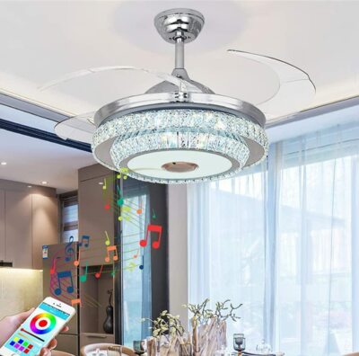 42'' Crystal Ceiling Fan Light Bluetooth Speaker 7 Color Music Ceiling Chandelier