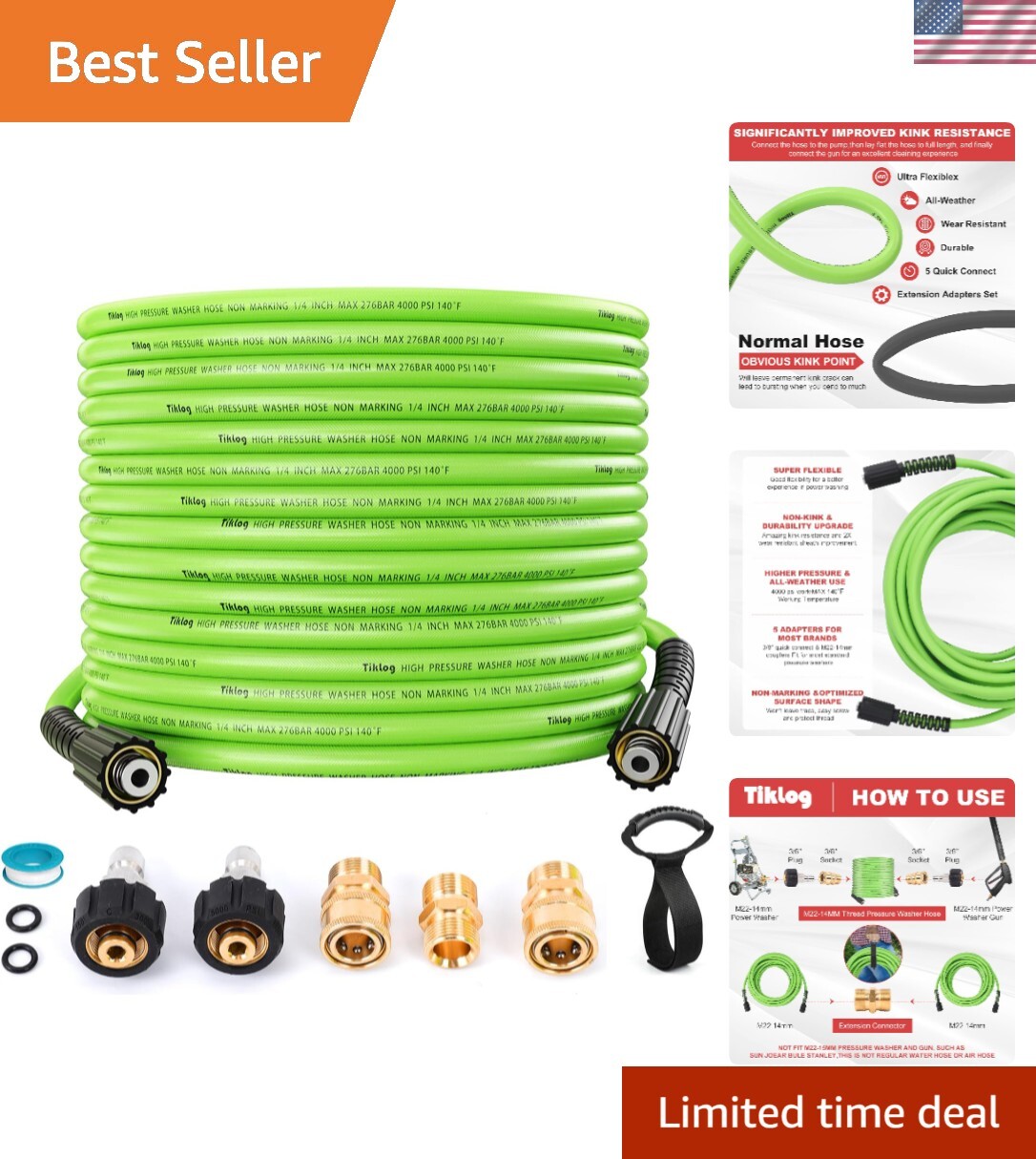 50FT Green Brass 4000 PSI Kink-Resistant Pressure Washer Hose for Power Washing