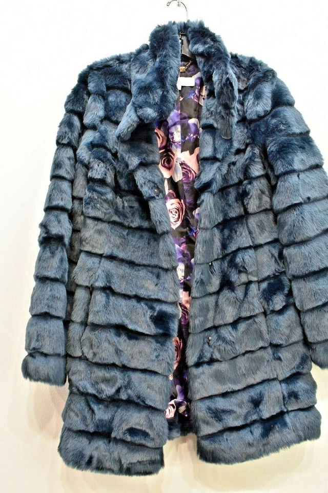 Eliza J Womens Solid Tiered Long Sleeve Snap Button Navy Blue Faux Fur Coat XS - Image 2 of 4