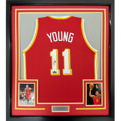 Framed Facsimile Autographed Trae Young 33x42 Red Reprint Laser Auto Jersey
