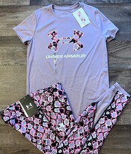 NWT Under Armour YXL Girls Pink/Black/White Print Ankle Leggings Set