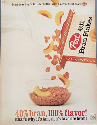 1962 Post Bran Flakes Cereal 40% Bran 100% Flavor Vtg Print Ad