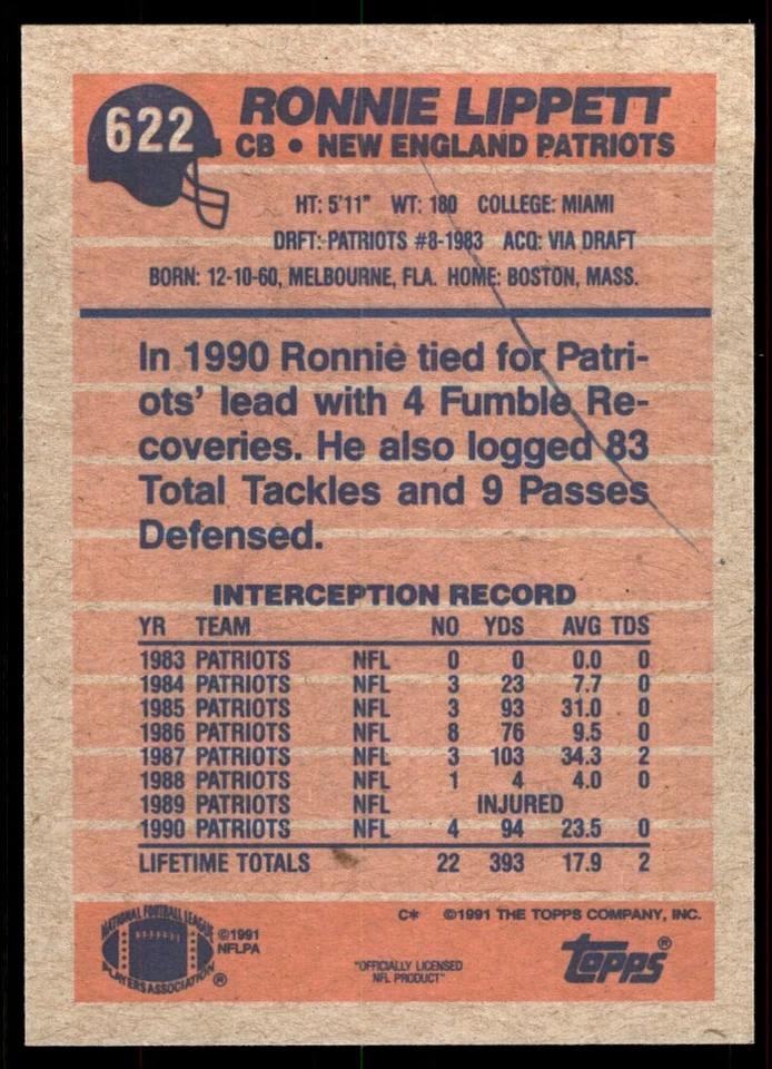 1991 Topps Ronnie Lippett New England Patriots #622 - Image 2 of 2