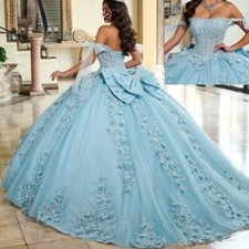 Aqua Blue Quinceanera Dresses Off Shoulder Lace 3D Flowers Ball Gowns Sweet 16