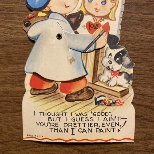 Vintage 1940s Valentines Day Mechanical Card Boy Artist Painting Girl P1D - Bild 3 von 12