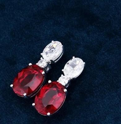 Oval Cut Simulated Red Ruby Women's Drop/Dangle Earrings 14k White Gold Plated