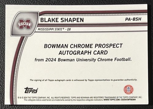2024 Bowman U Chrome Blake Shapen /150 Auto Fuschia Refractor Mississippi State - Picture 2 of 3