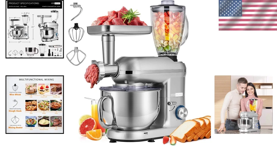 Mezclador de pie multifuncional 3 en 1 con cabezal inclinable con tazón de 6 cuartos y accesorios Foto 2 de 4