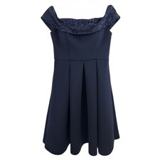 NWT Eliza J Navy Sequin-Trim Off Shoulder Midi Dress 12P Petite Scuba Crepe 