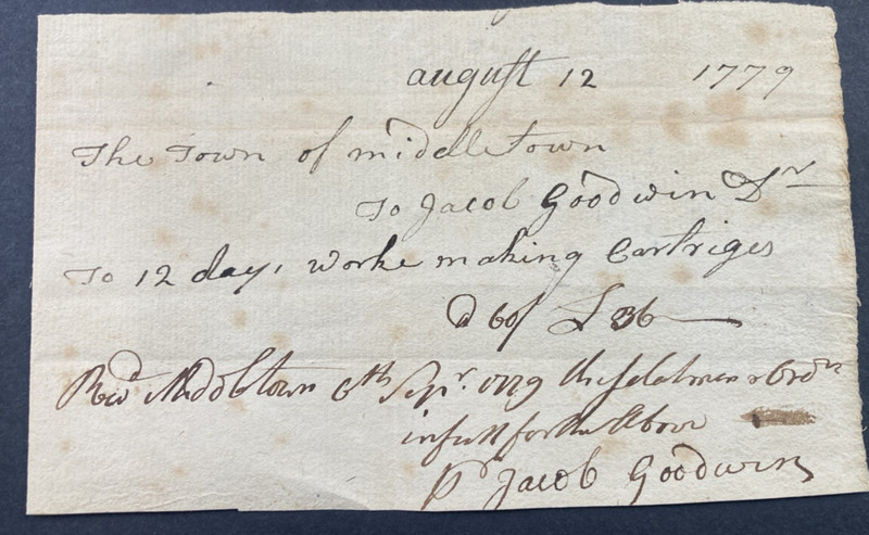 1779 AMERICAN REVOLUTIONARY WAR MANUSCRIPT - MAKING CARTRIDGES MIDDLETOWN MASS.