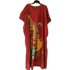 J Peterman Womens Dress L/XL Kaftan Maxi Red Colorful Maximalist Resort Relaxed