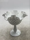 Vintage Fenton White Milk Glass Hobnail Pedestal Ruffled Candy Dish