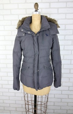 Vtg Abercrombie & Fitch Faux Fur Hooded Puffer Down Jacket Womens S Grey Y2K