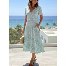 FRESH PRODUCE Coastal Faux Wrap Dress Teal Aqua Blue Reptile Snake Skin Print M