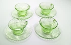 VTG Set of 4 Anchor Hocking Spiral Green Uranium Depression Glass Cups & Saucers