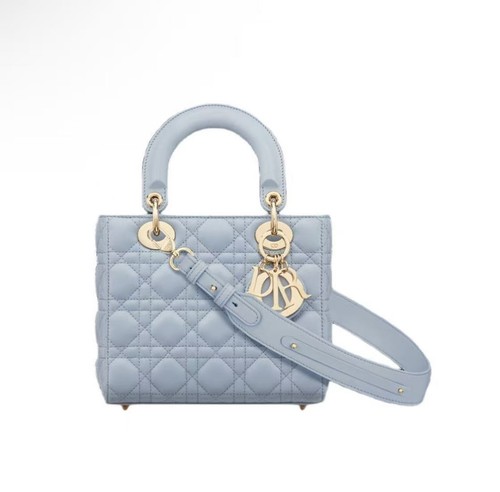 Auth Christian Dior Lady Dior Mini Tote Cloud Blue Lambskin Gold Hardware