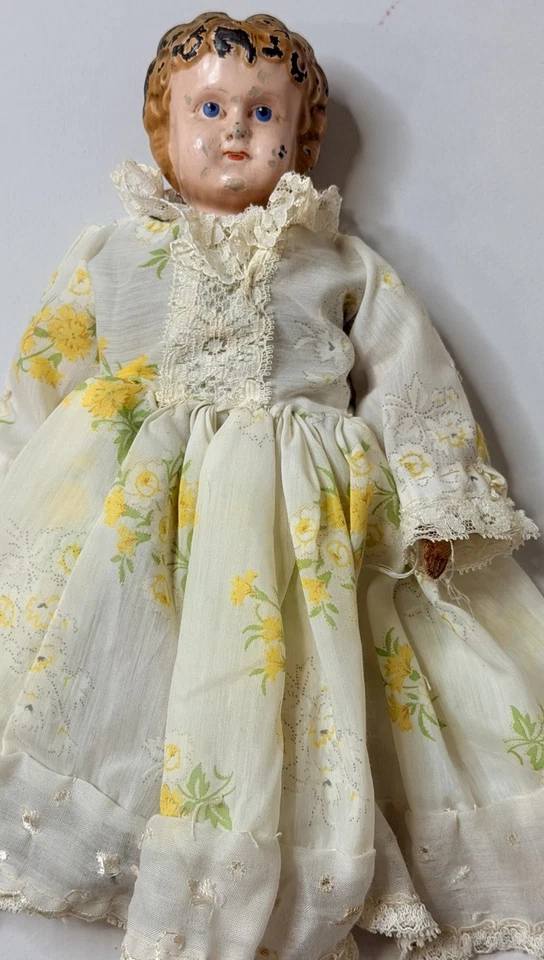 MUÑECA ANTIGUA MINERVA ALEMANA CABEZA DE HOJALATA CUERPO DE CUERO ORIGINAL 9,5 PULGADAS OJOS AZULES Foto 3 de 4