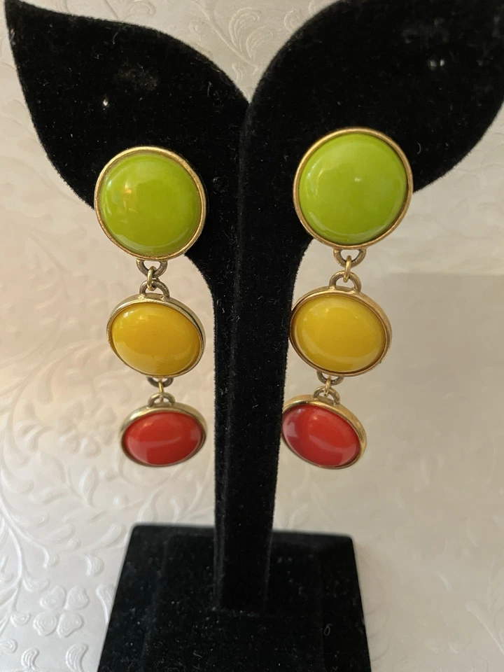 Pendientes colgantes verde neón amarillo y naranja con clip Groovy retro de moda años 70 Foto 3 de 4