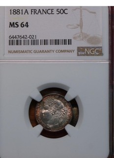 1881 A France 50 Centimes Silver Foreign Coin NGC Graded MS 64