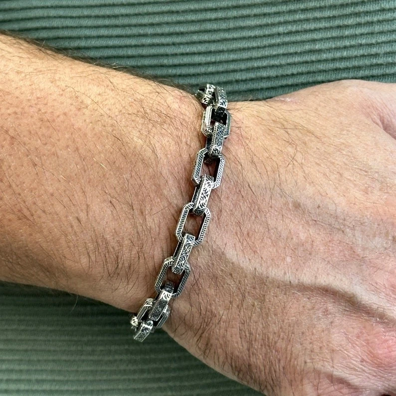 Mens 925 Sterling Silver Oxidized Curb Chain Bracelet Hand Engraved Jewelry - Image 4 of 4
