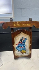 Wooden Welcome Sign Mouse Blue Dress Sled Hand Painted Winter Decor Janet Roth