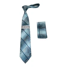 Men's Stacy Adams Necktie and Hankie Set Fancy Design Silky Look SAT27 Teal