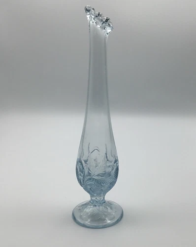 Bud Vase Fenton Art Glass Salem Blue Inverted Strawberry Ruffle Rim Vintage 11”