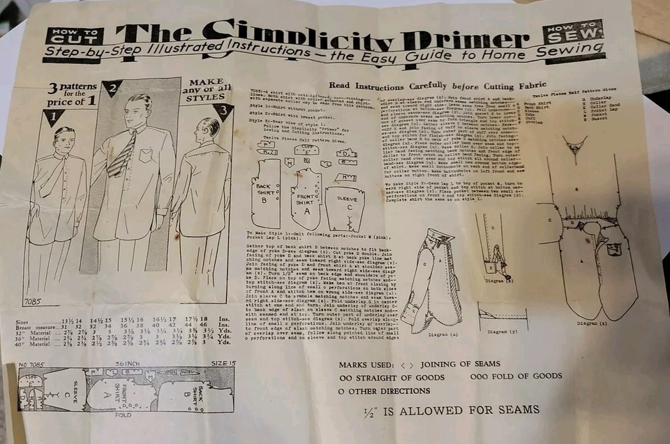 Simplicity Primer 7085 Sewing Pattern 30's Men's Shirt Size 15 Uncut 3 Styles - Image 3 of 4