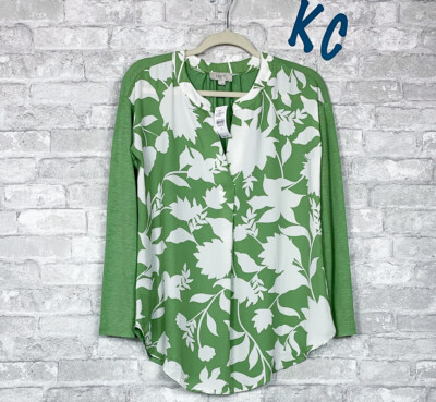 NEW NWT LOFT FLORAL V-NECK MIXED MEDIA TOP GREEN WHITE LONG SLEEVE SZ S 
