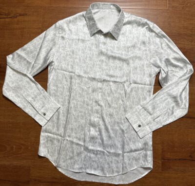Christian Dior Homme Button Up Shirt Mens L Gray Oblique Long Sleeve 100% Silk
