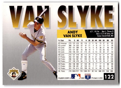 Andy Van Slyke 1993 Fleer Fruit of the Loom #62 Pittsburgh Pirates - Picture 2 of 2