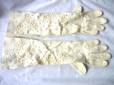 Vintage White Mid Arm Length Gloves Soft Leather Embroidered Flower Pierced