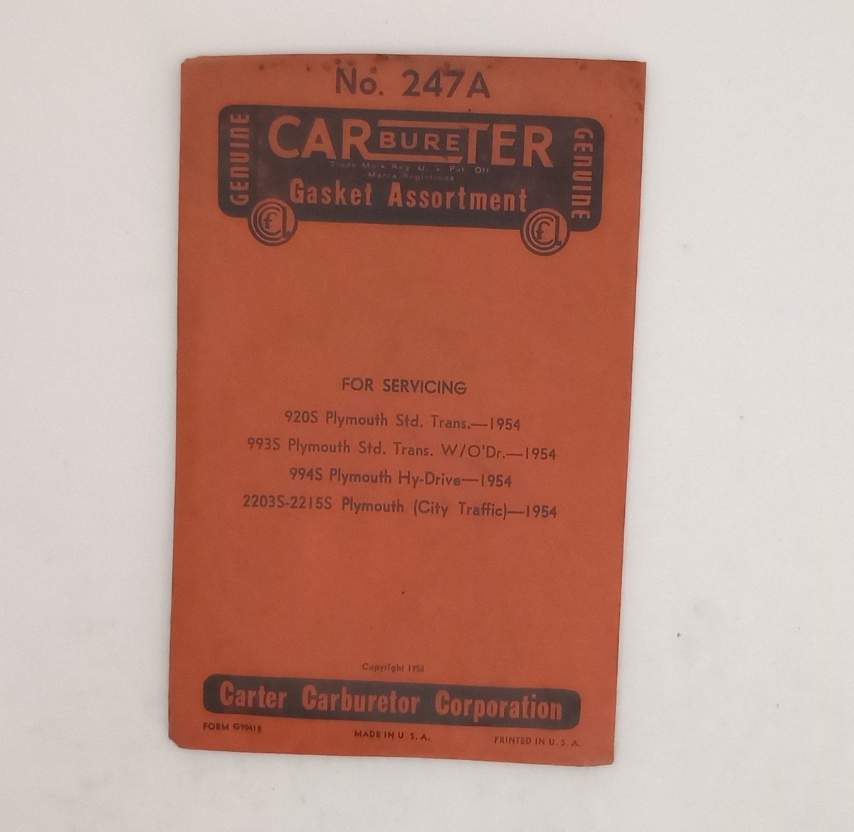 Carter 247A Carburetor Gasket Assortment 1954 Plymouth Std '54