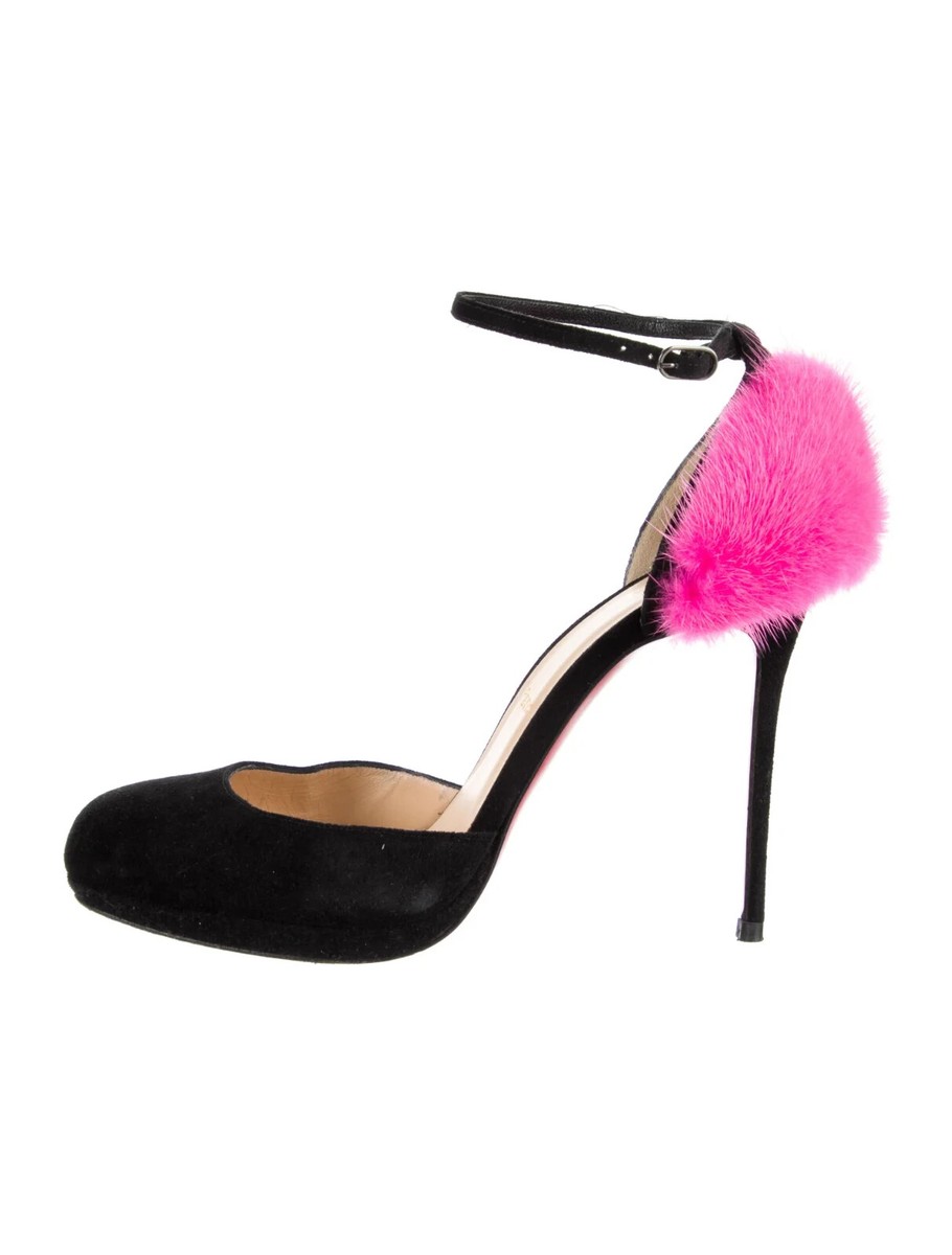 Christian Louboutin ファー バッグチャーム 黒 レッドソール CHRISTIAN LOUBOUTIN Black Crazy Fur 120 Suede Pink Fur Pumps 6.5