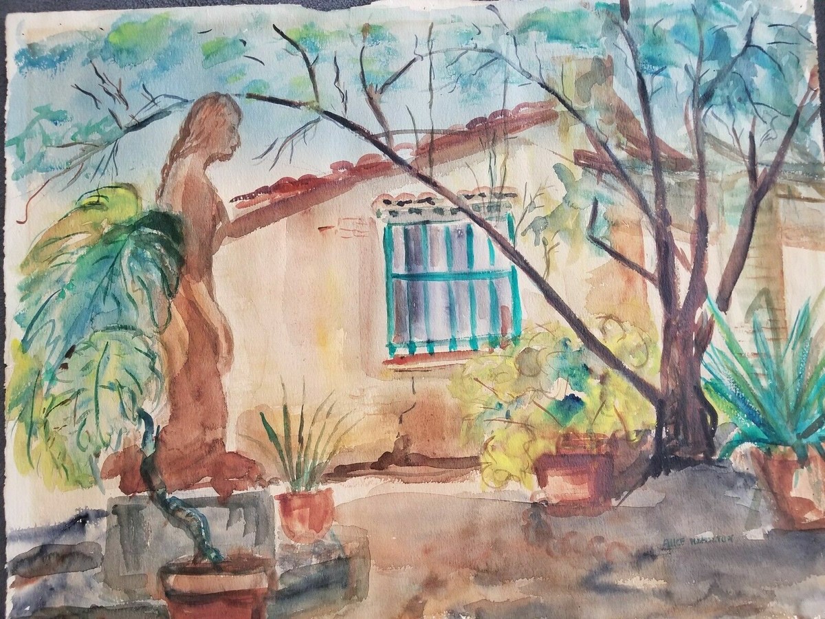 Original Watercolor Painting Garden House Serene Oasis Signed By