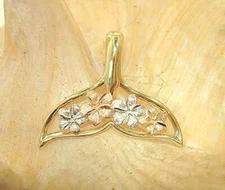 23MM TRICOLOR 14K GOLD MATTE DC HAWAIIAN PLUMERIA WHALE TAIL FLUKES PENDANT #2L