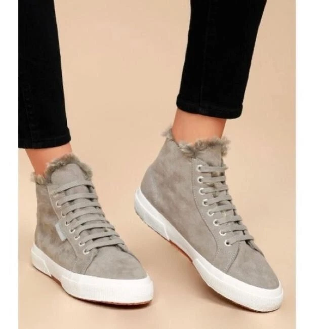 Superga Gray Sneakers Womens SZ US 9.5 EU 41 High Top Faux Fur