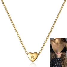 Women Dainty Heart Initial Letter Pendant Necklace Gold Plated Stainless Steel