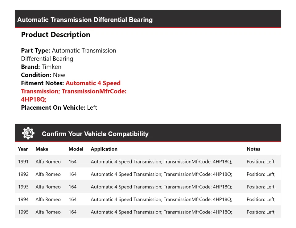 Подшипник дифференциала левый для 1991-1995 Alfa Romeo 164 Auto Trans Timken 1992 - Изображение 2 из 4