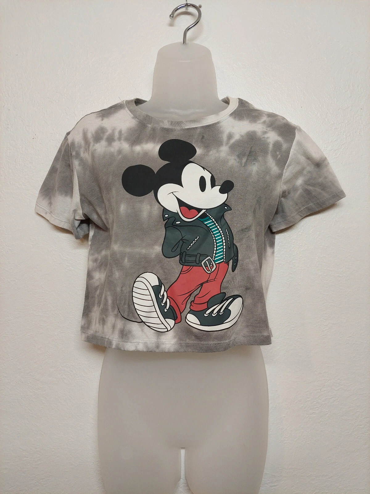 DISNEY Mickey Mouse Crop Top Tie Dye Gray Muted Sz Small EUC Full Mickey